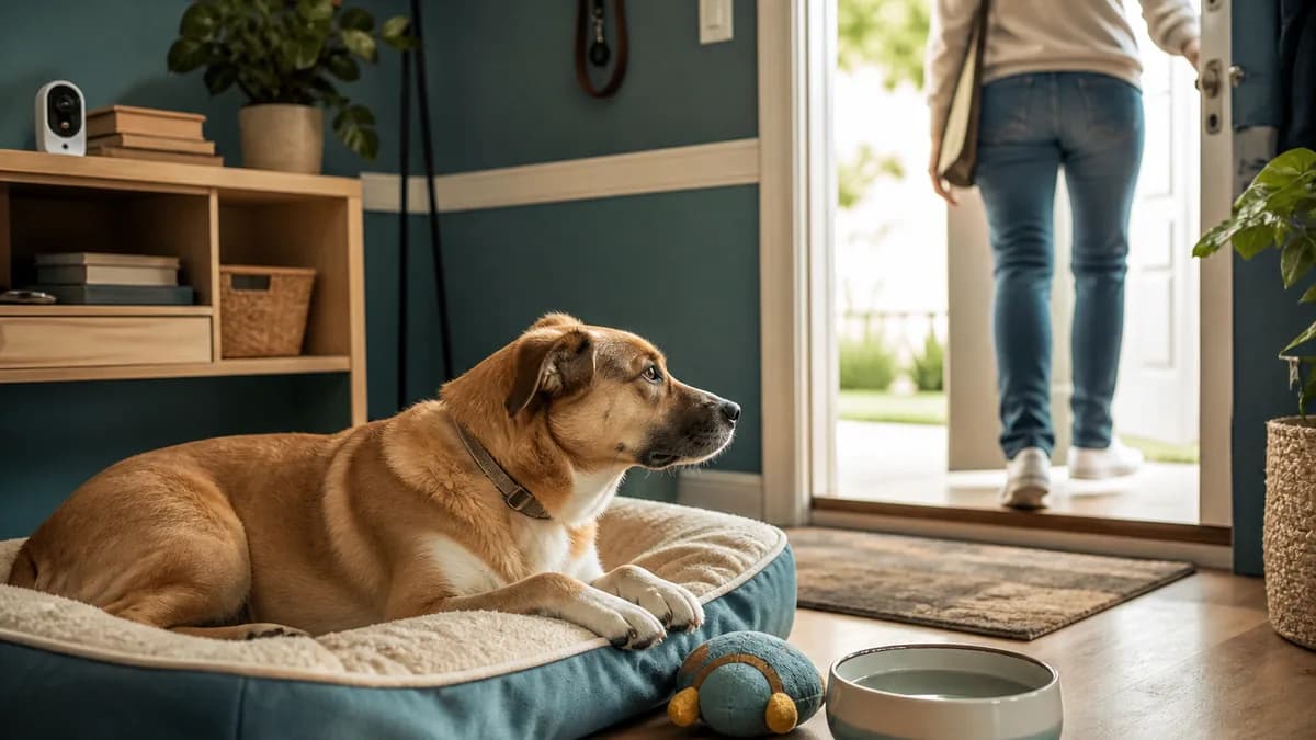 Cachorro deitado perto da porta enquanto observa a saída de uma tutora