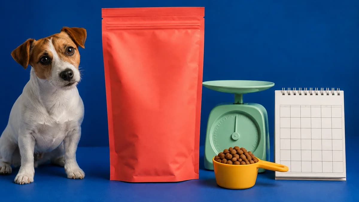 Cão ao lado de saco de ração sem marca, medidor, balança e calendário
