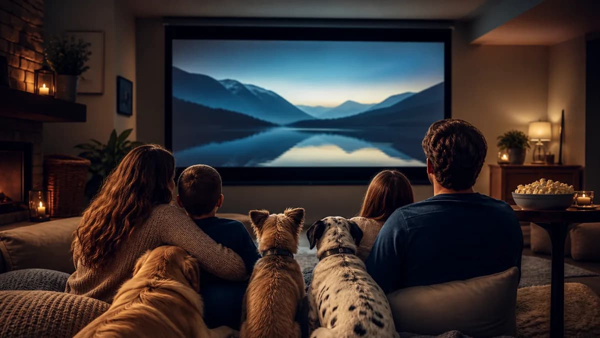 Família e três cachorros vistos de costas durante uma sessão de cinema em casa