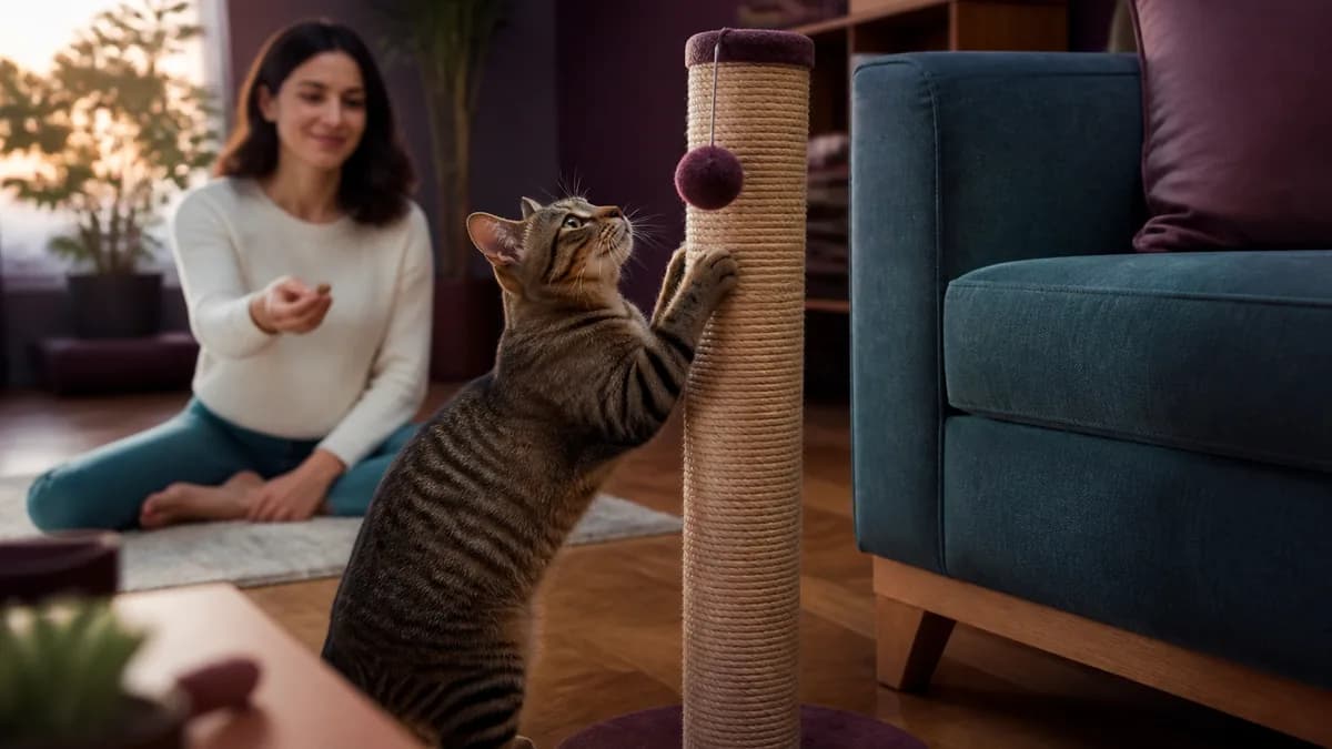 Gato usando um arranhador vertical colocado ao lado do braço do sofá