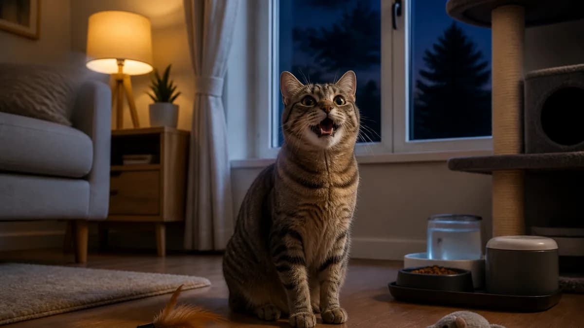 Gato sentado em uma sala iluminada pelo luar enquanto mia perto da janela