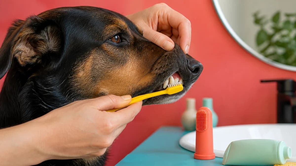 Pessoa escovando delicadamente a face externa dos dentes de um cachorro