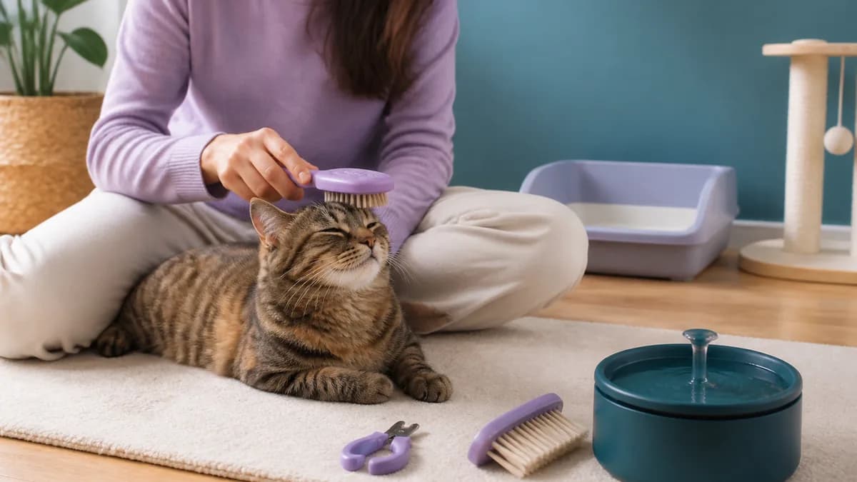 Gato tranquilo ao lado de uma escova macia, cortador de unhas felino e caixa de areia limpa