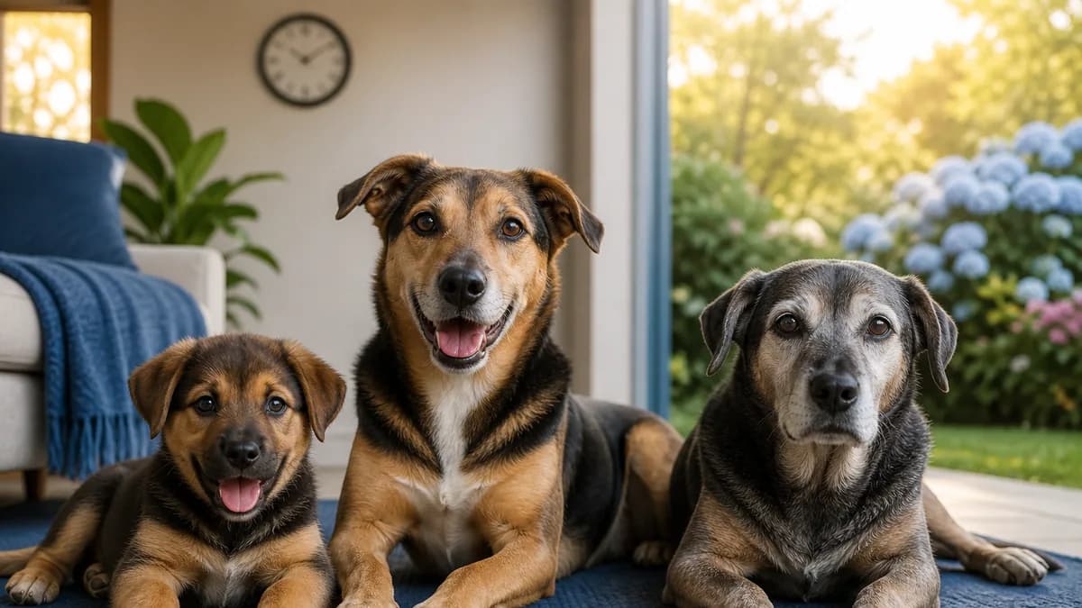 Mesmo cachorro representado como filhote, adulto e idoso em uma sala com relógio ao fundo
