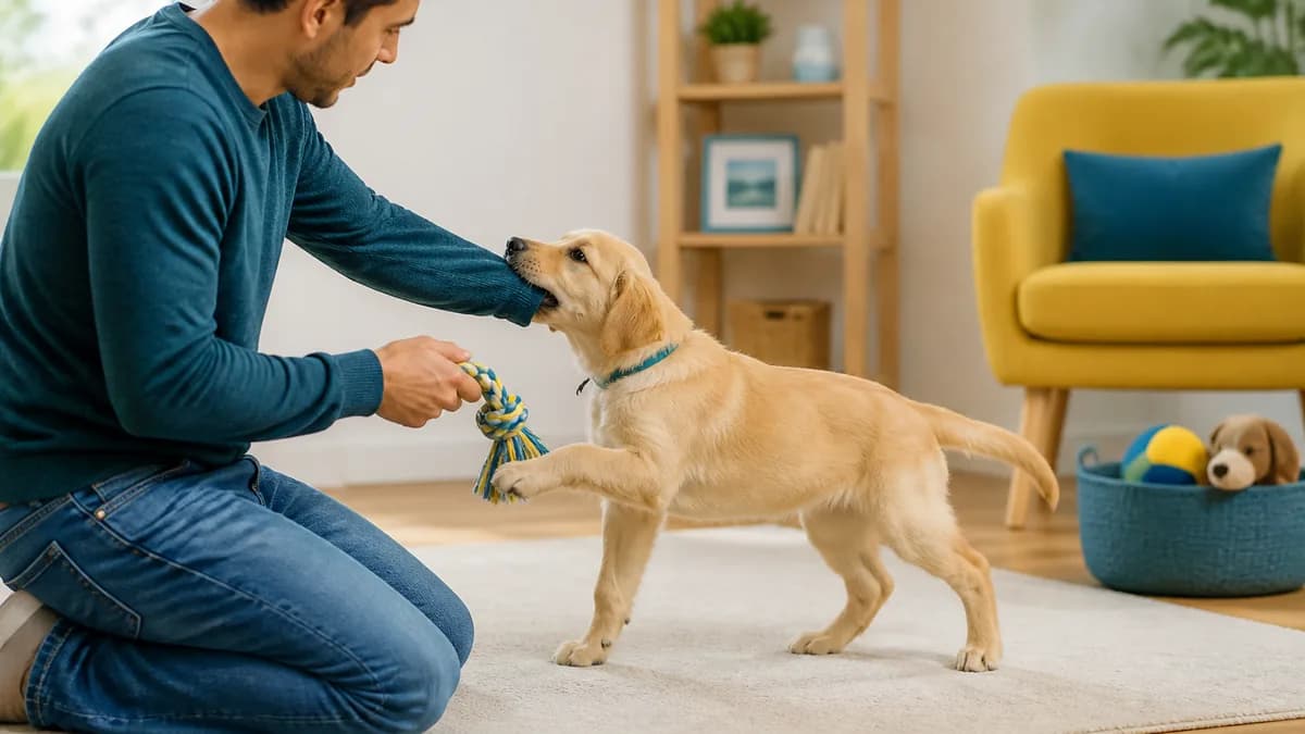 Filhote de cachorro mordendo um brinquedo oferecido por uma tutora durante uma brincadeira