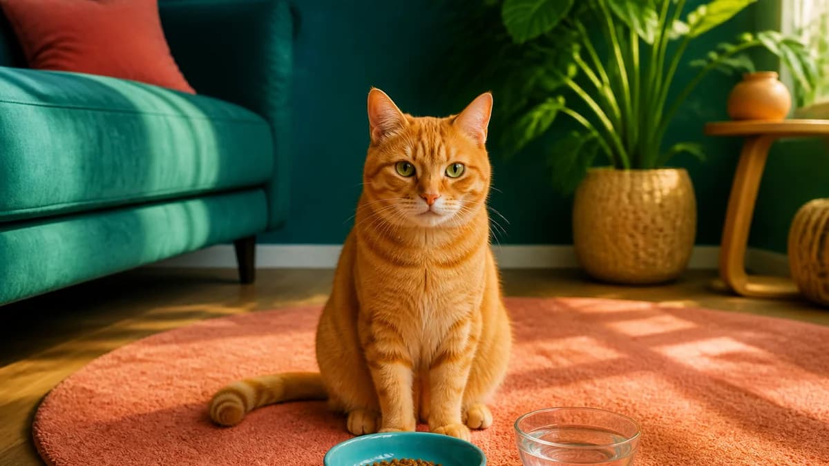 Gato adulto diante de uma porção medida de ração seca, água e balança