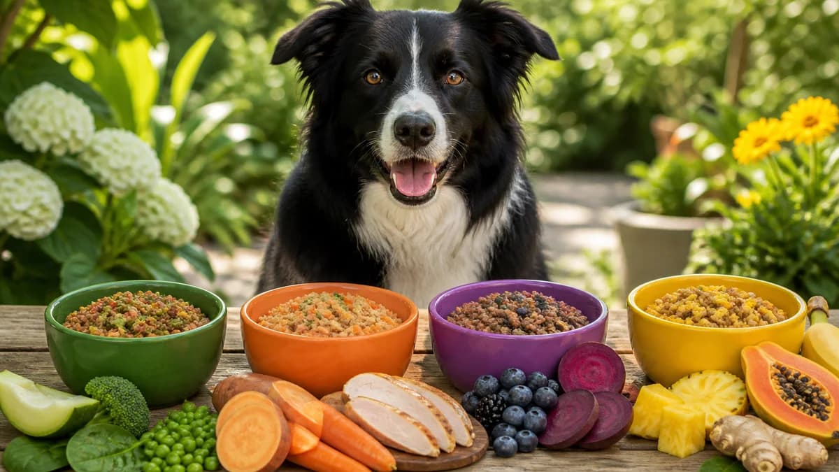 Cão adulto diante de quatro tigelas com diferentes combinações de ingredientes