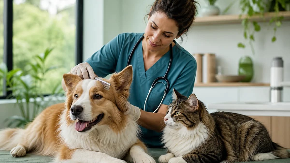 Cão e gato sendo examinados por uma profissional veterinária com pente fino