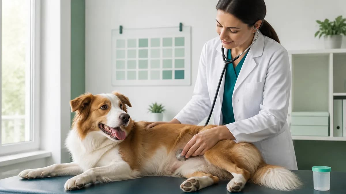 Cachorro em consulta veterinária ao lado de calendário e recipiente para amostra de fezes