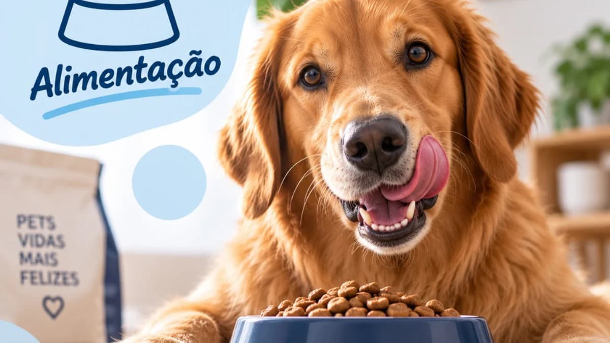 Golden retriever diante de um pote com ração seca