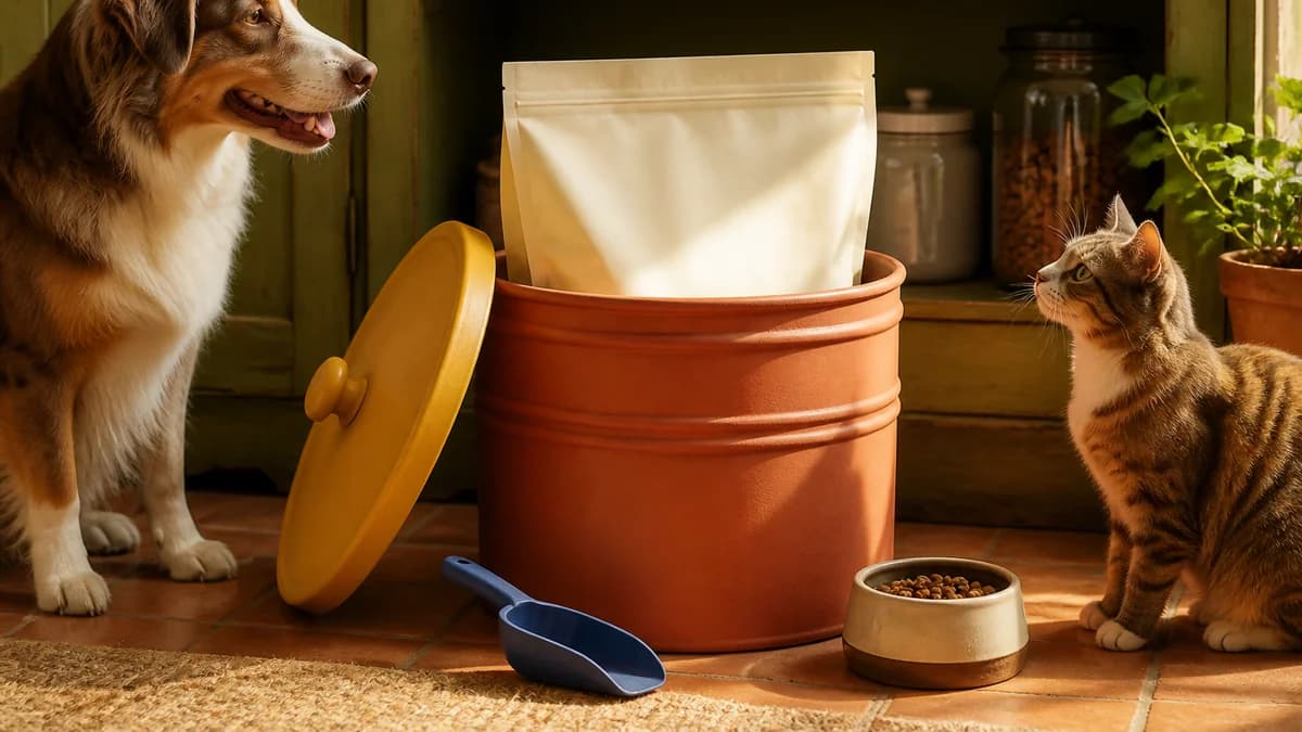 Saco original de ração sem marca guardado dentro de um recipiente com tampa