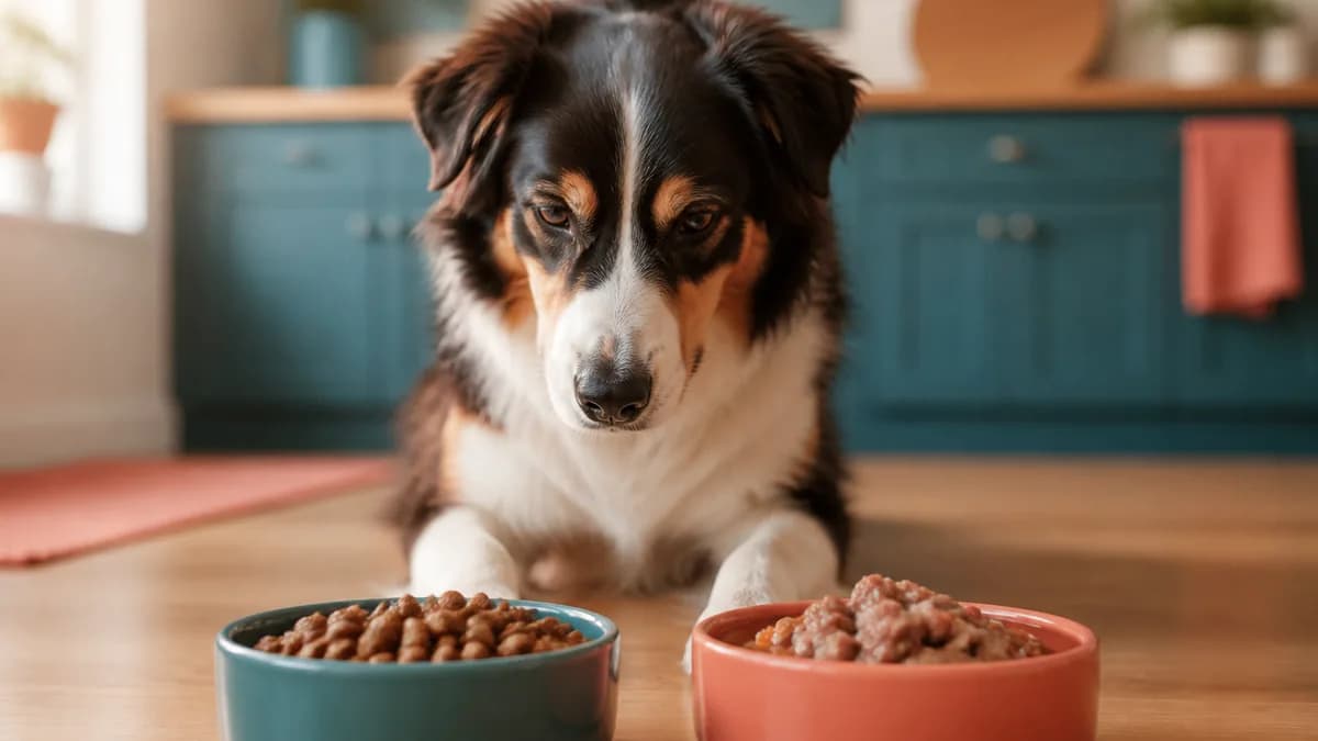 Cão diante de um comedouro com ração seca e outro com alimento úmido