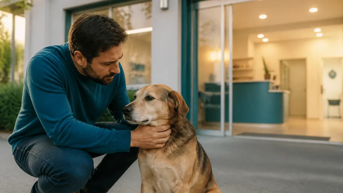 Tutora observando um cachorro durante avaliação em uma clínica veterinária
