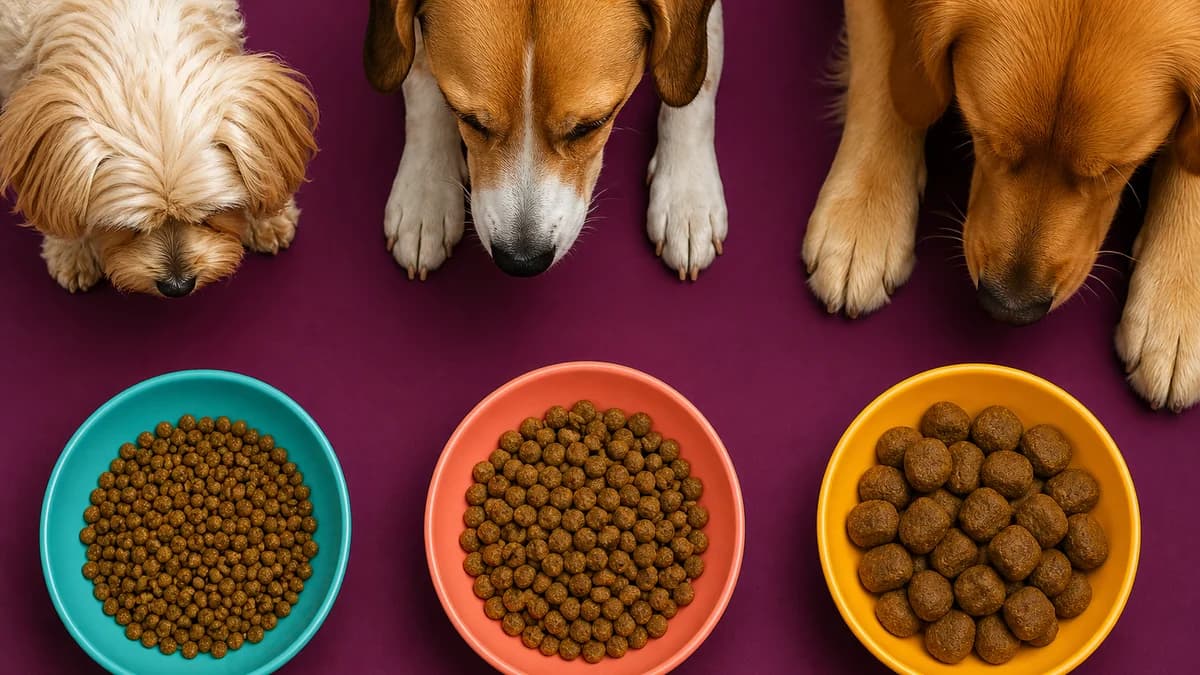 Três cães junto a pratos com croquetes pequenos, médios e grandes
