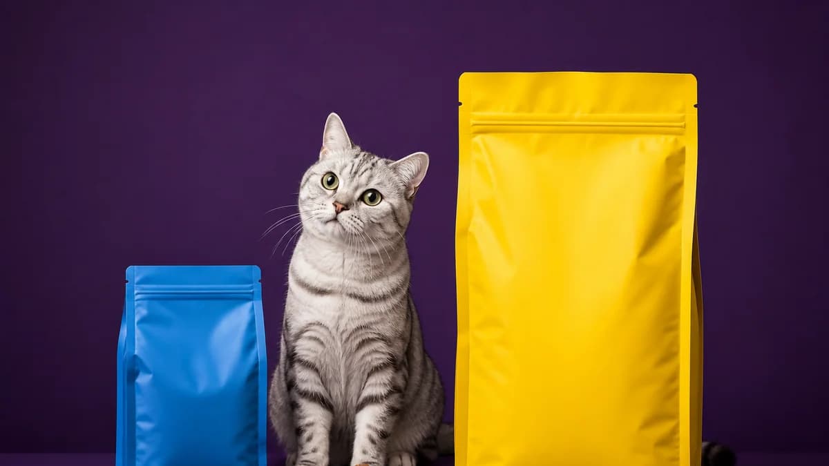 Gato adulto entre um saco pequeno e outro grande de ração sem marca
