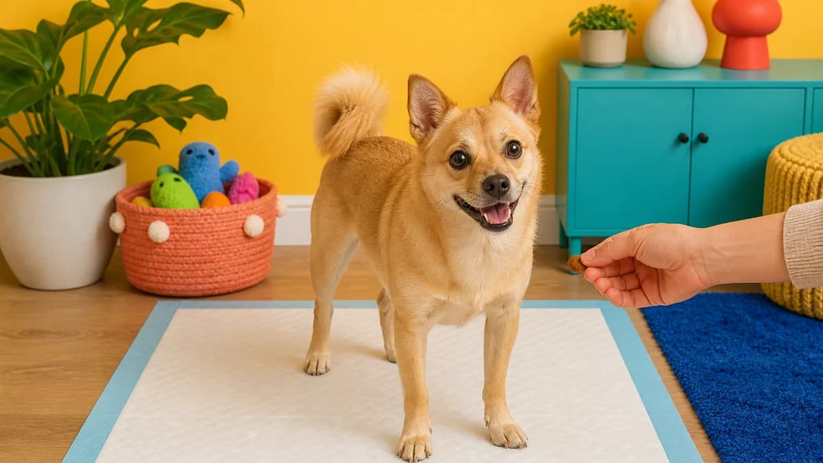 Cachorro posicionado no centro de um tapete higiênico enquanto recebe recompensa