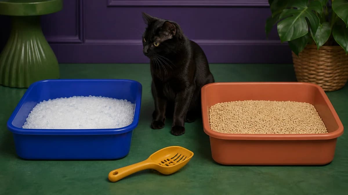 Gato investigando duas caixas limpas com sílica e granulado vegetal