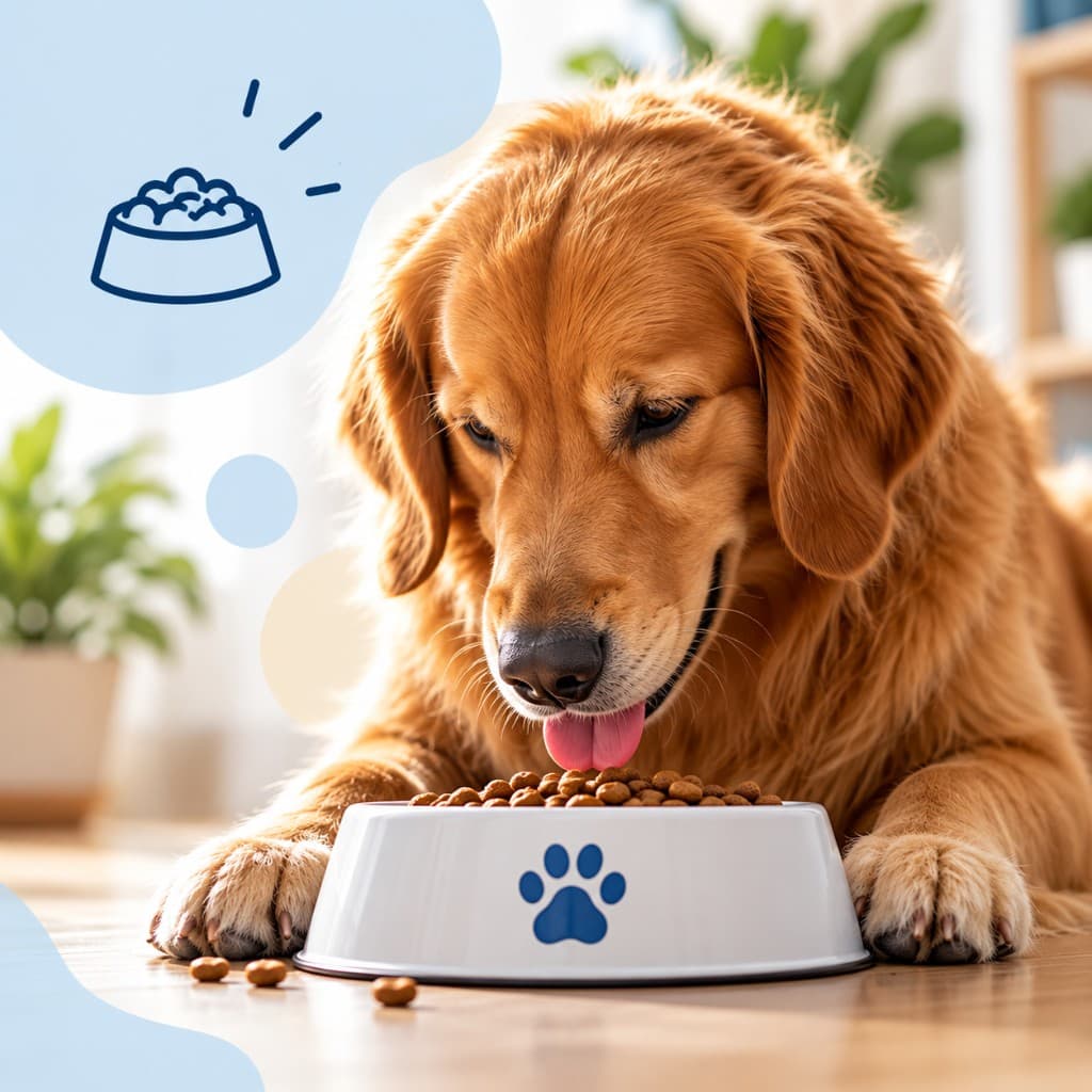 Cão próximo ao seu pote de alimentação