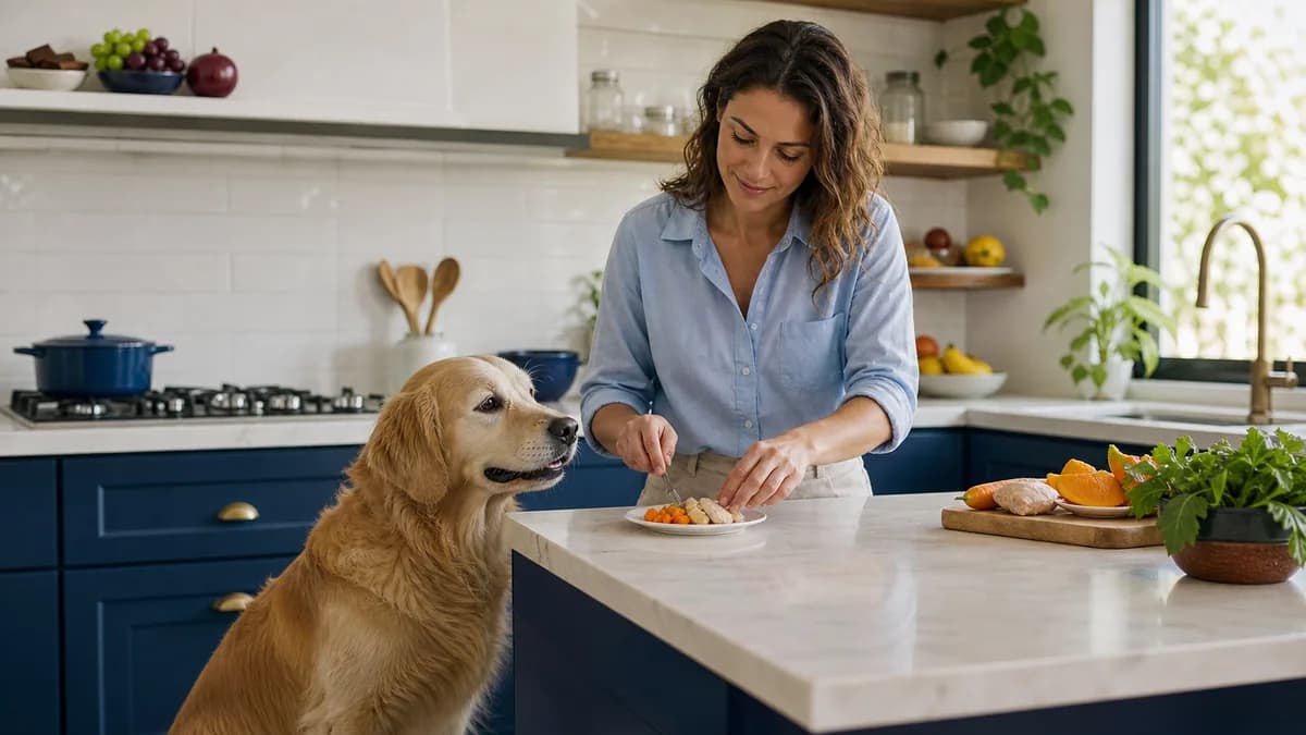 Tutora prepara uma pequena porção de alimentos simples enquanto o cachorro observa na cozinha