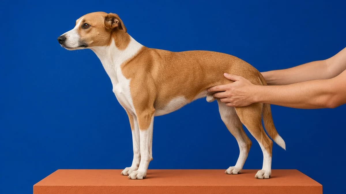 Cachorro em pé sendo observado de cima e de lado
