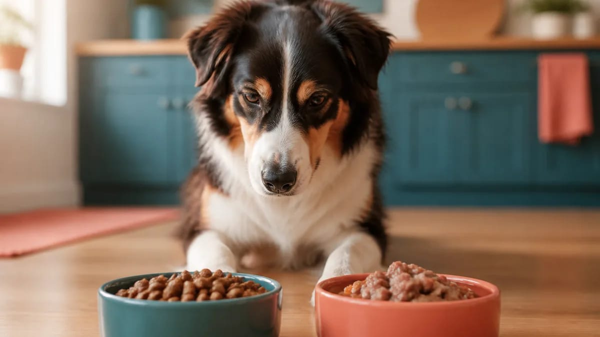Cão diante de um comedouro com ração seca e outro com alimento úmido